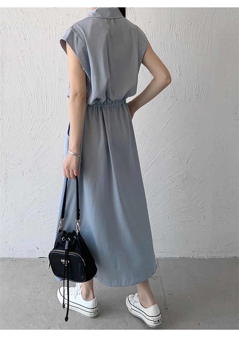 女装 上品シャツ風ロング丈ワンピース半袖ウエストリボン付き