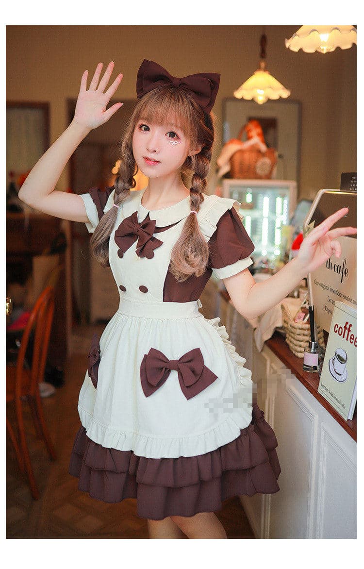 女装 フリル段々スカート猫耳リボン付きメイド服セット