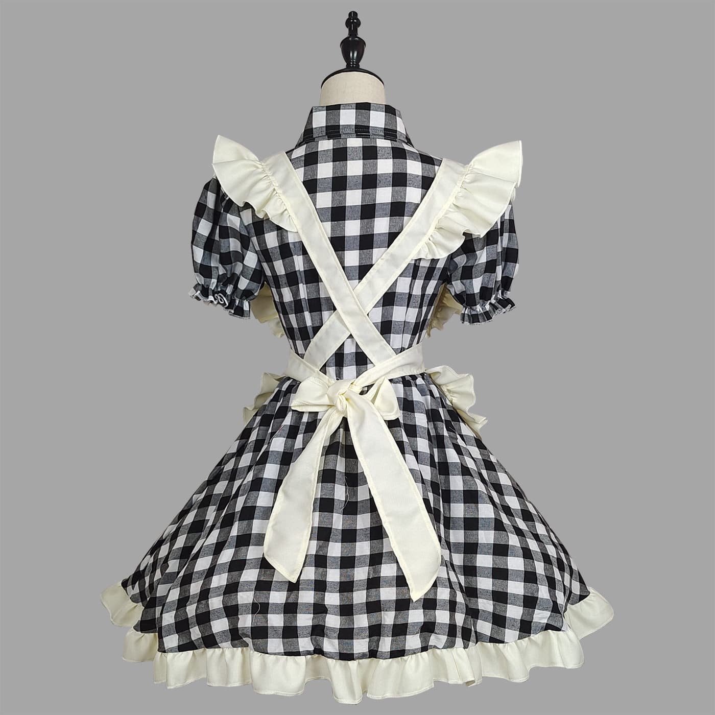 女装 ギンガムチェック柄フリル付きメイド服セット