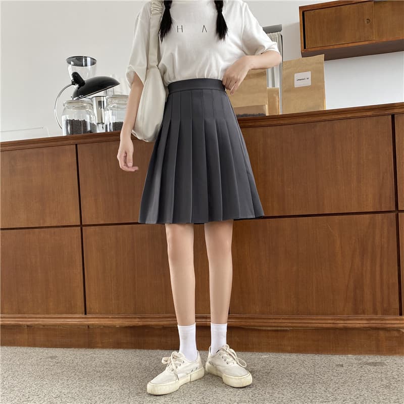 女装 ハイウエストプリーツスカート清楚系膝上丈
