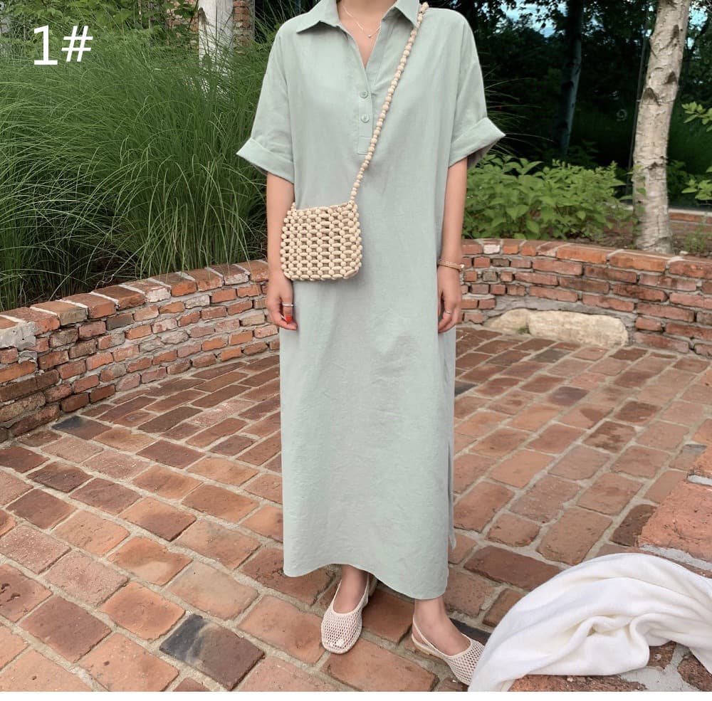 女装 春夏新作 半袖シャツワンピース ロング丈 体型カバー