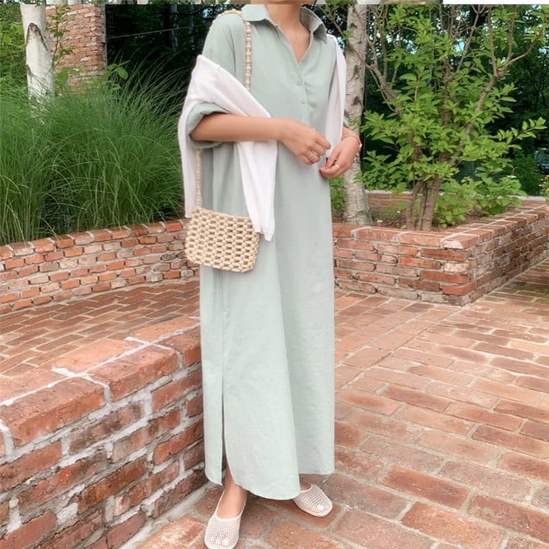 女装 春夏新作 半袖シャツワンピース ロング丈 体型カバー