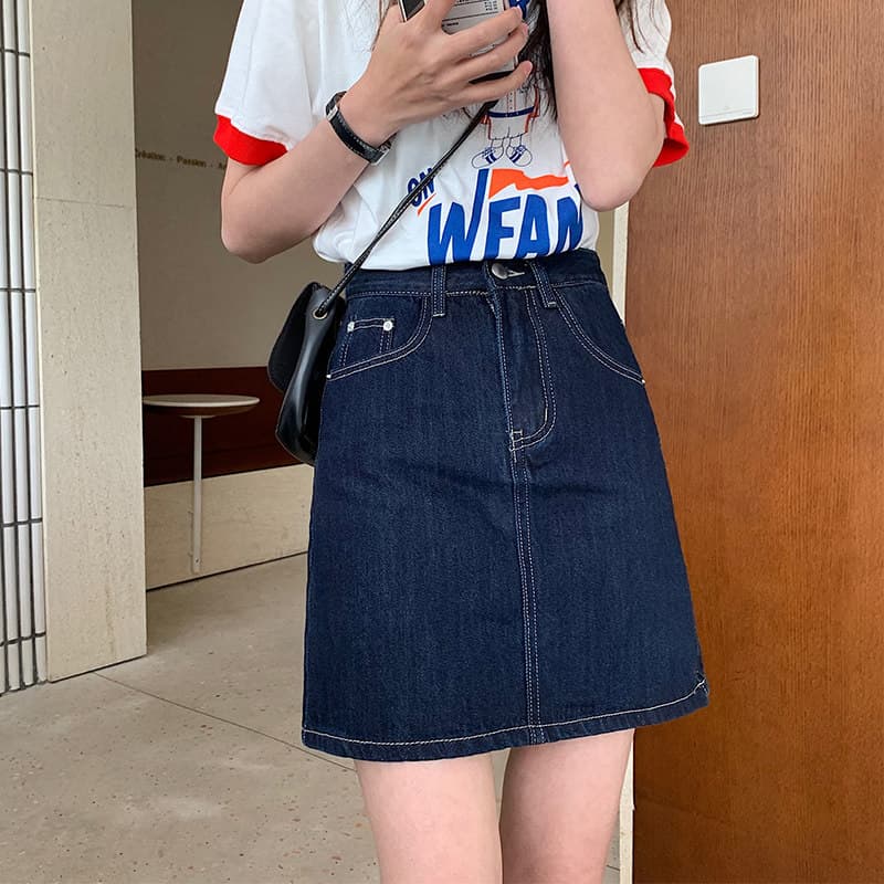 女装 ハイウエストデニムミニ丈台形スカート