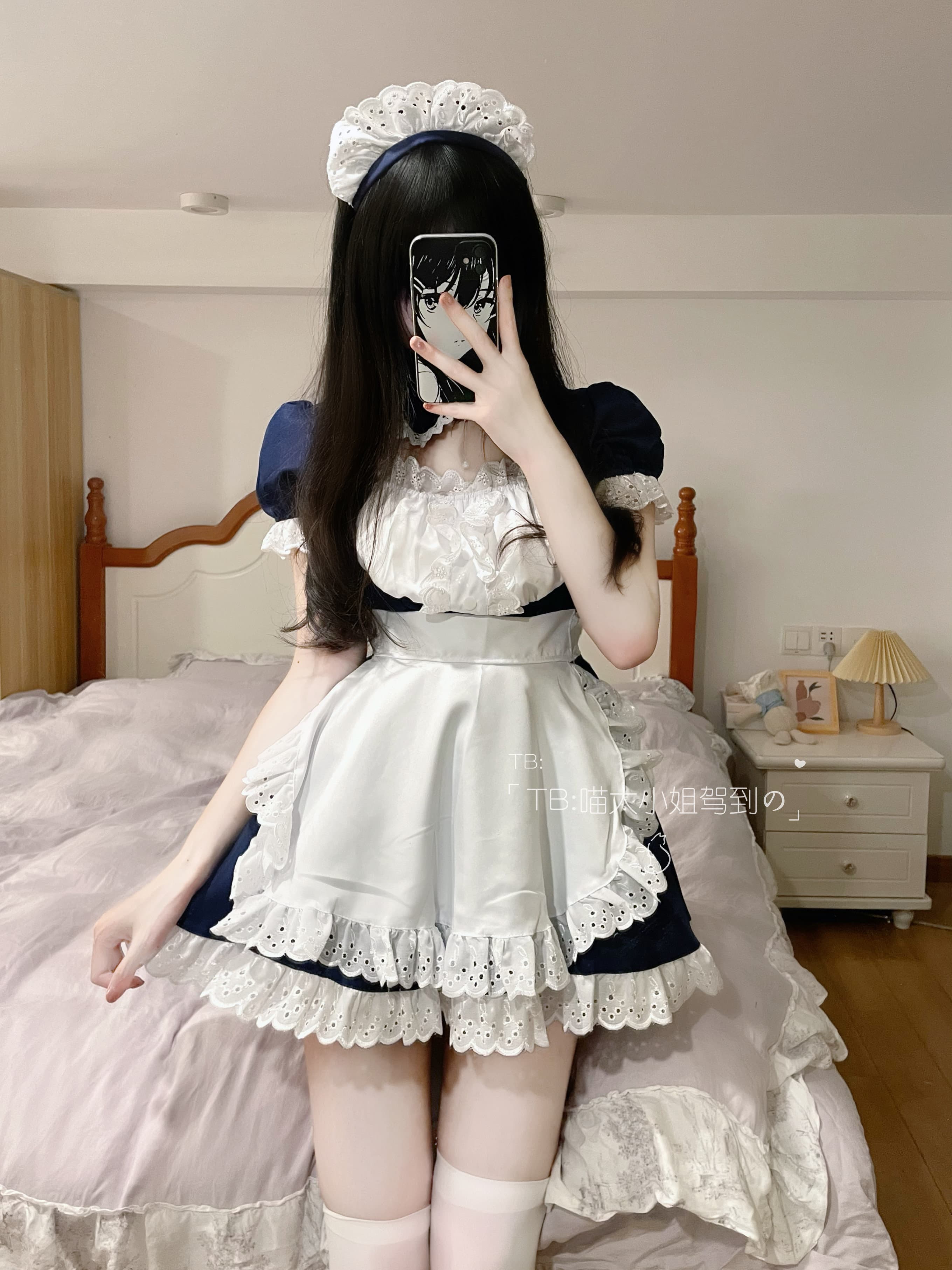 女装 刺繍レース付きパフスリーブメイド服衣装セット