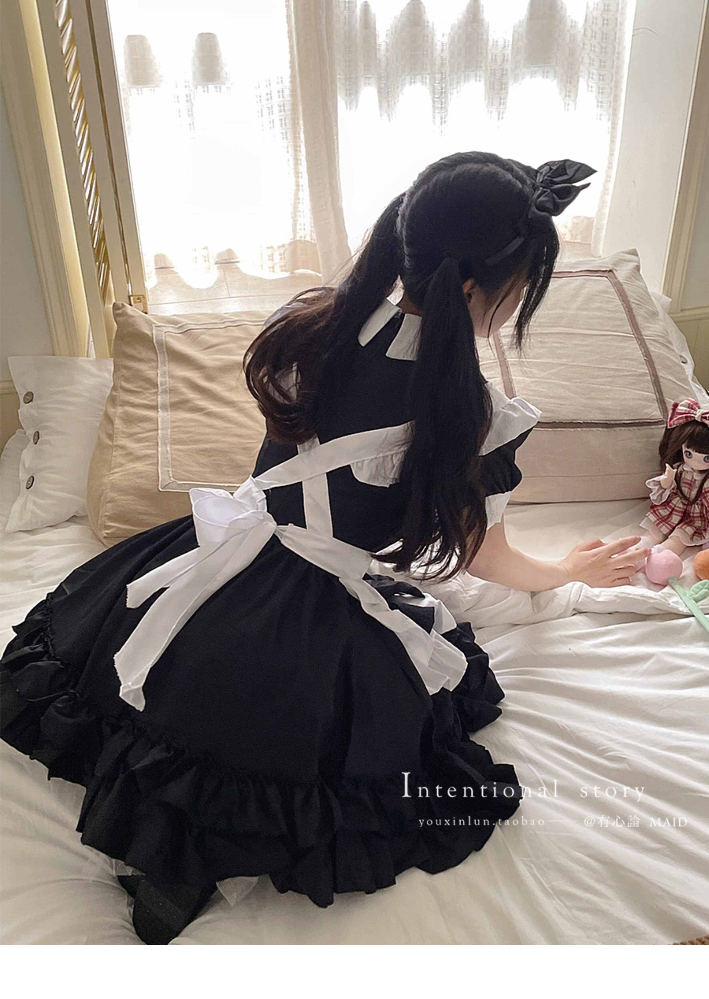 女装 大きめリボン付き半袖フリルエプロンメイド服