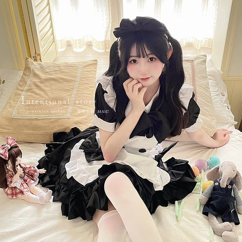 女装 大きめリボン付き半袖フリルエプロンメイド服