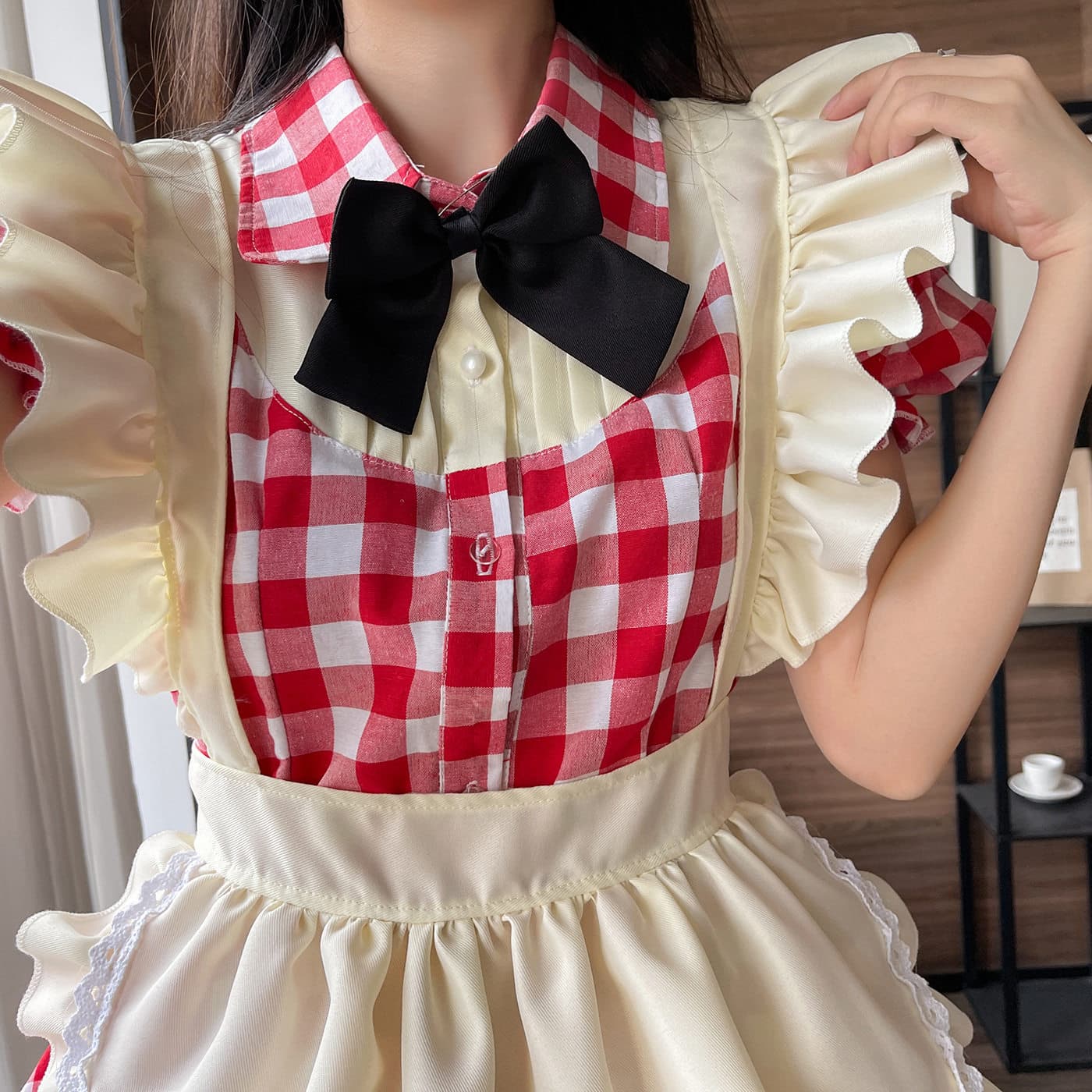 女装 ギンガムチェック柄フリル付きメイド服セット