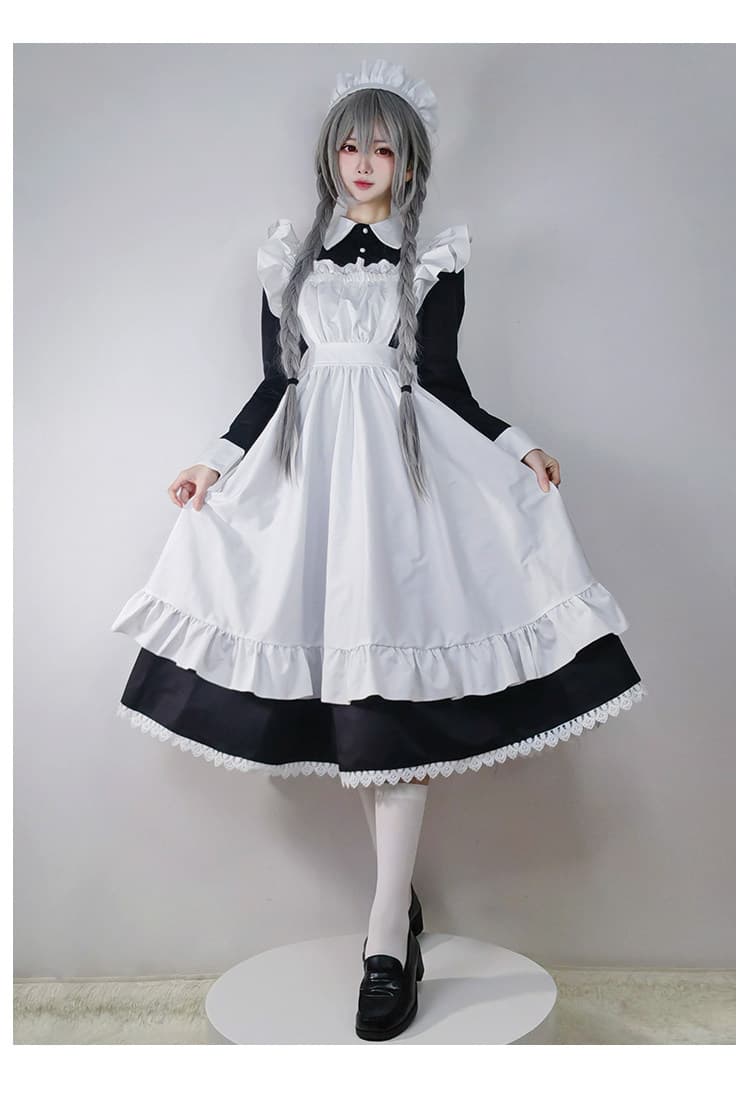 女装 クラシック長袖フリル付きメイド服フルセット