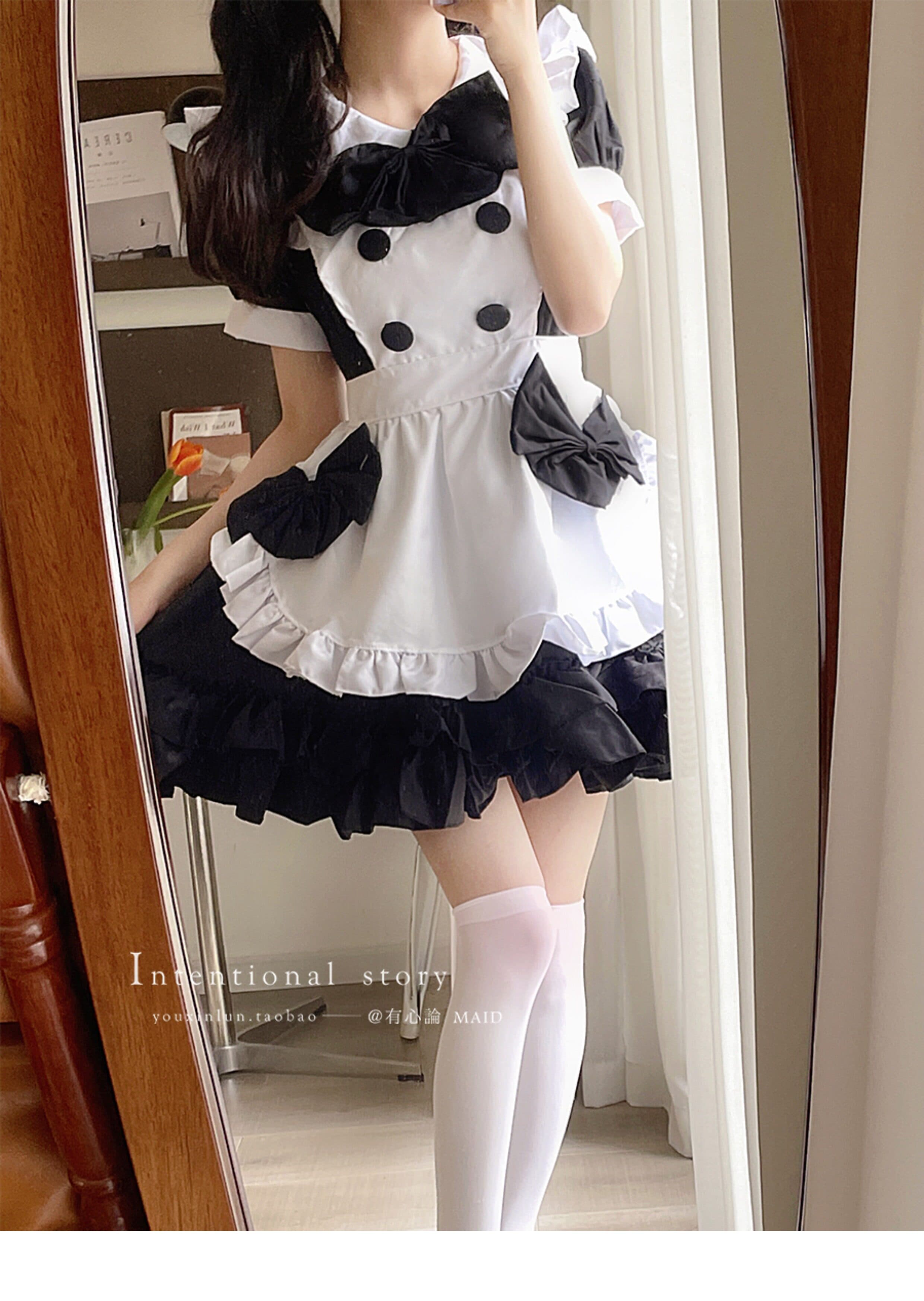 女装 大きめリボン付き半袖フリルエプロンメイド服