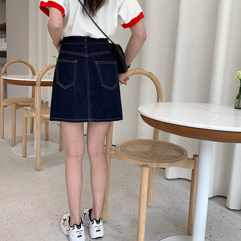 女装 ハイウエストデニムミニ丈台形スカート