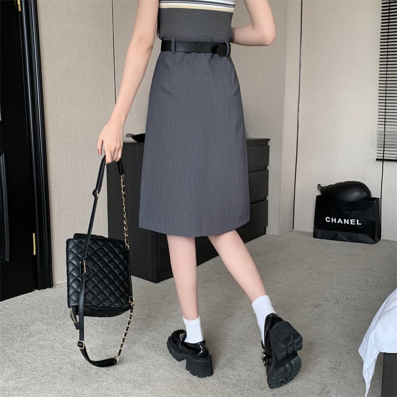 女装 ベルト付きハイウエストプリーツ膝丈スカート