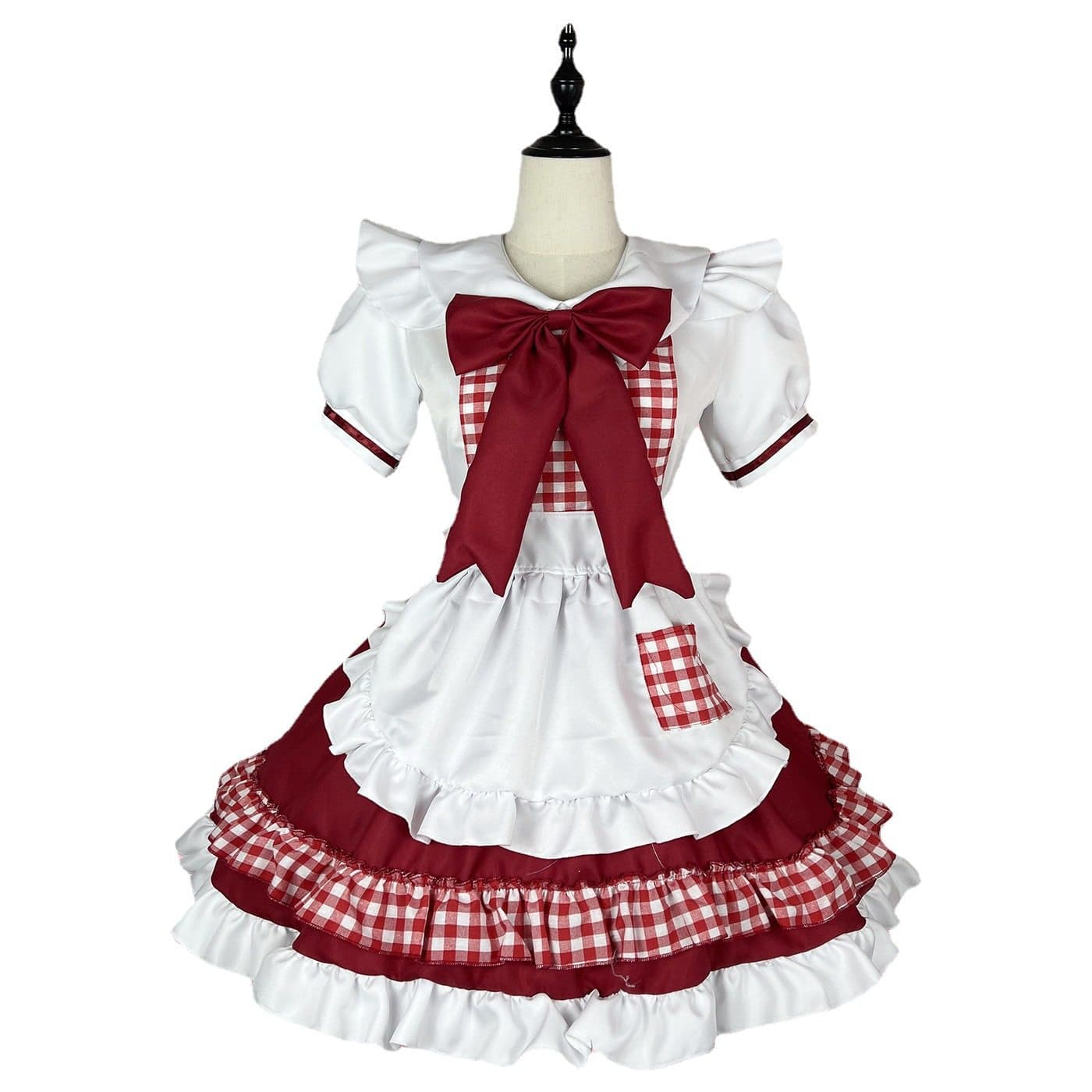 女装 ギンガムチェック柄フリル付き襟元リボンメイド服セット