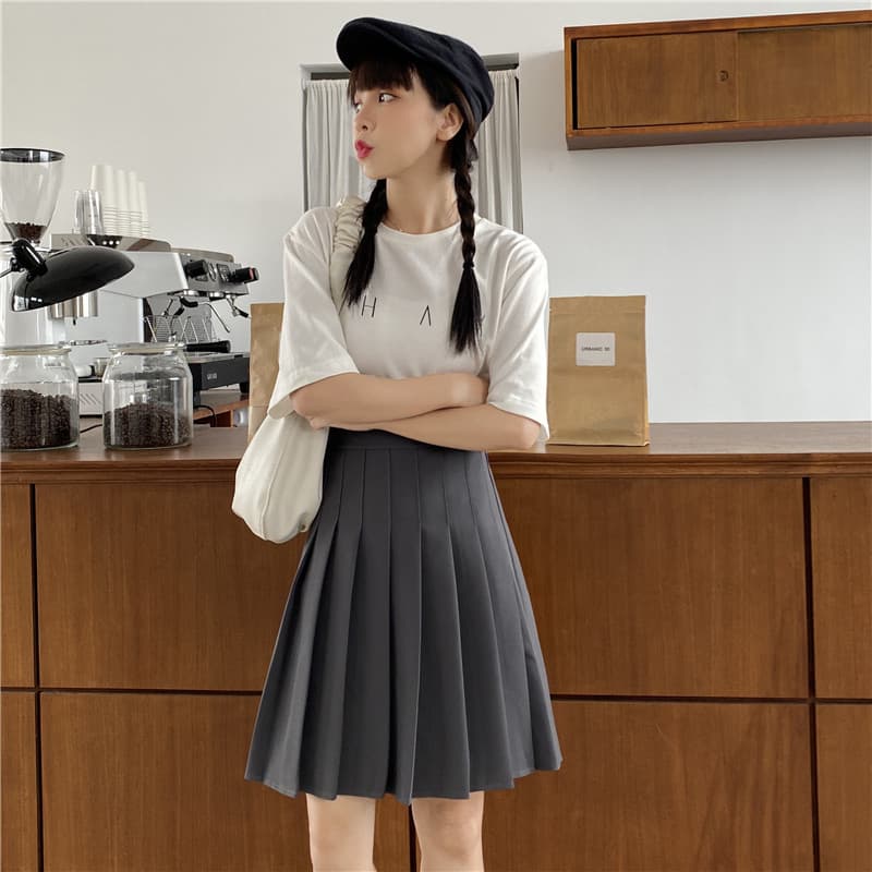女装 ハイウエストプリーツスカート清楚系膝上丈