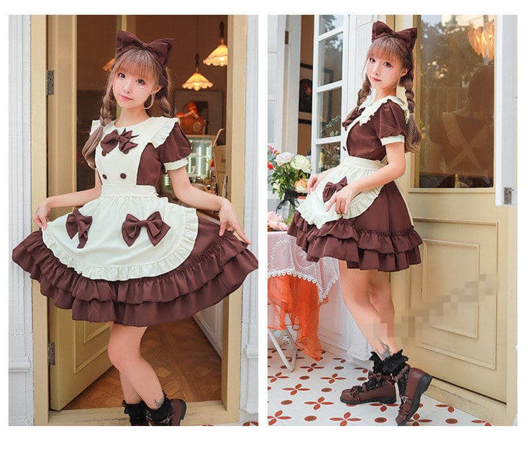 女装 フリル段々スカート猫耳リボン付きメイド服セット