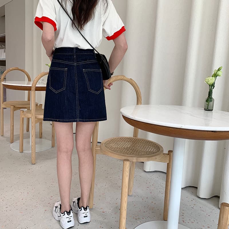 女装 ハイウエストデニムミニ丈台形スカート
