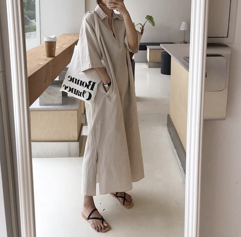 女装 春夏新作 半袖シャツワンピース ロング丈 体型カバー