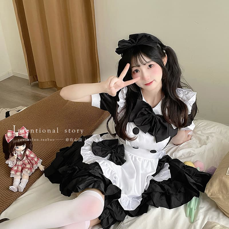 女装 大きめリボン付き半袖フリルエプロンメイド服