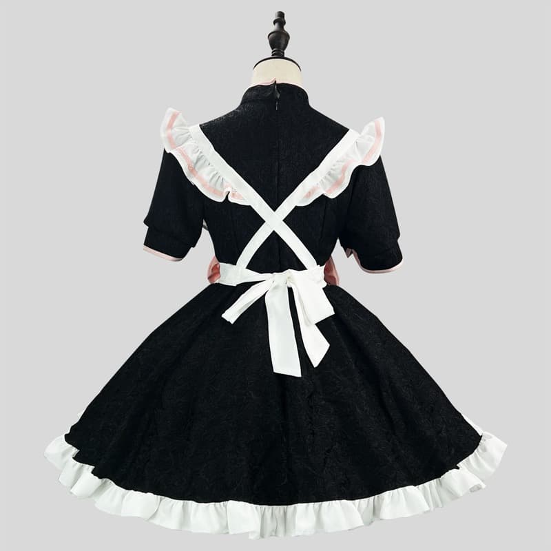 女装 黒色メイド服ワンピース 胸元開きリボン付き衣装