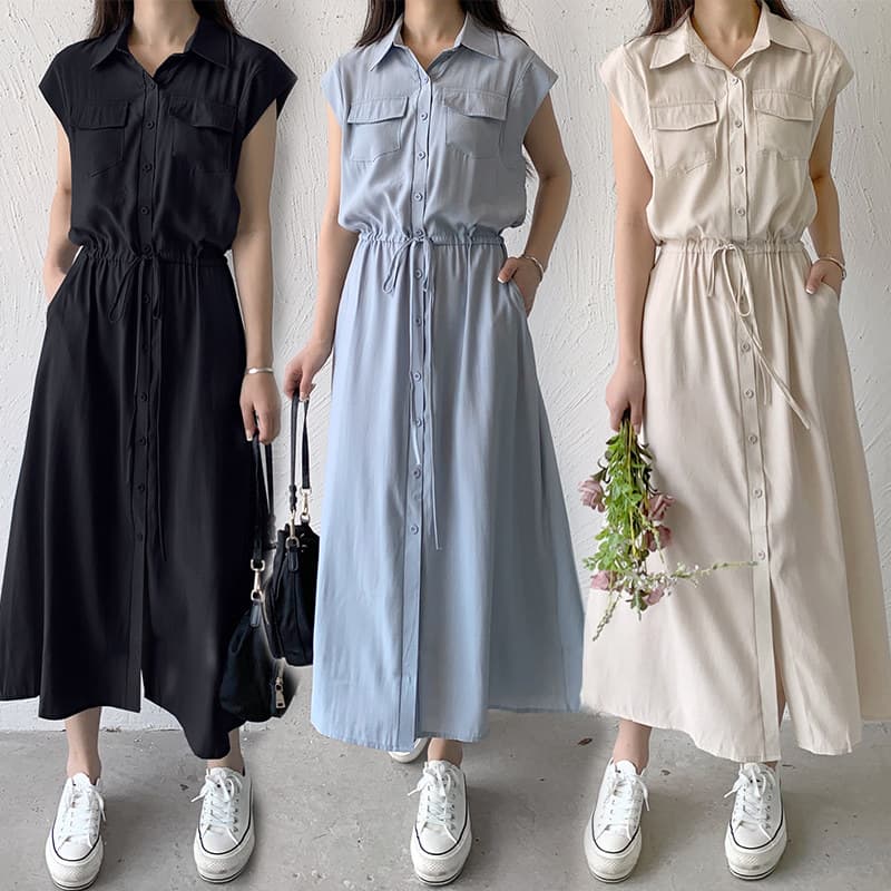 女装 上品シャツ風ロング丈ワンピース半袖ウエストリボン付き