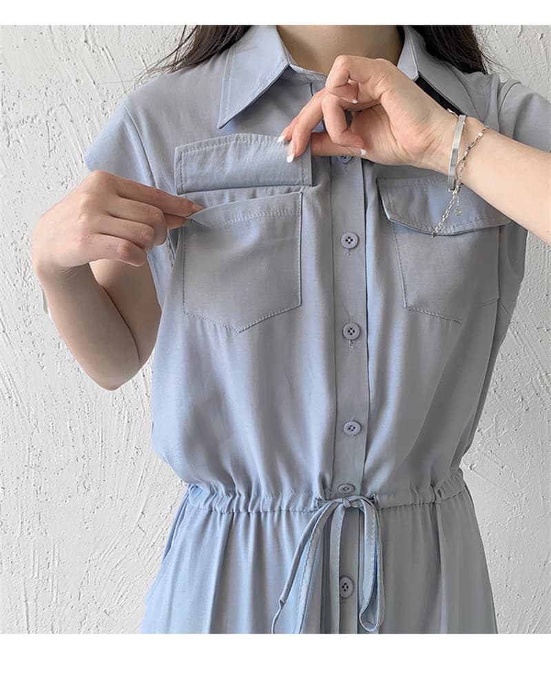 女装 上品シャツ風ロング丈ワンピース半袖ウエストリボン付き