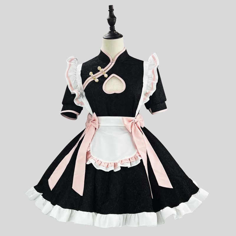 女装 黒色メイド服ワンピース 胸元開きリボン付き衣装