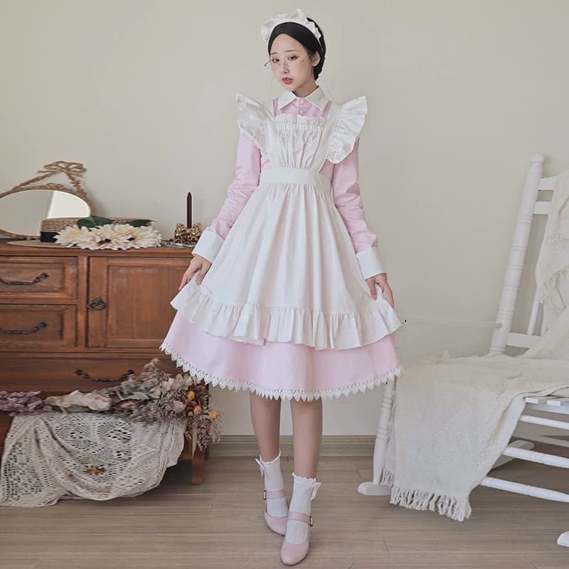 女装 姫系フリル付き長袖メイドワンピース衣装セット