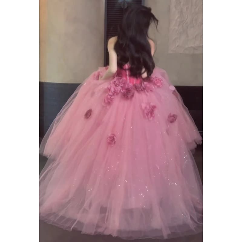 女装 立体花装飾ベアトップボリュームチュールドレス