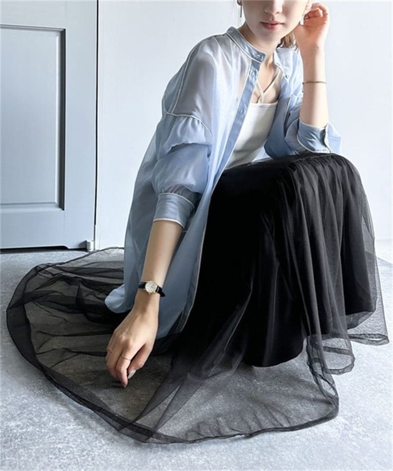 女装 三段切替チュールティアードロングスカート