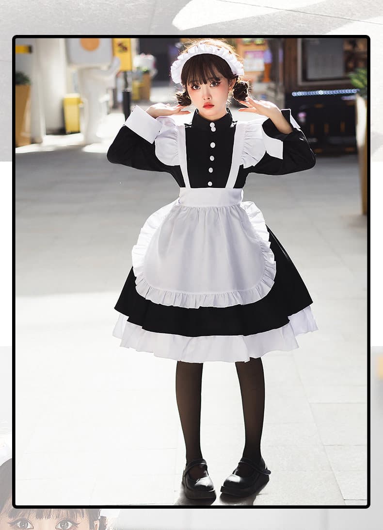 女装 長袖クラシックメイド服フリル付きエプロンセット