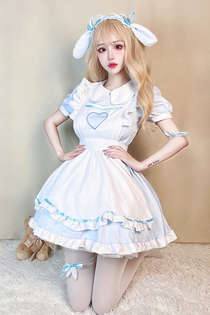 女装 ハート刺繍付き襟フリル半袖メイドワンピース