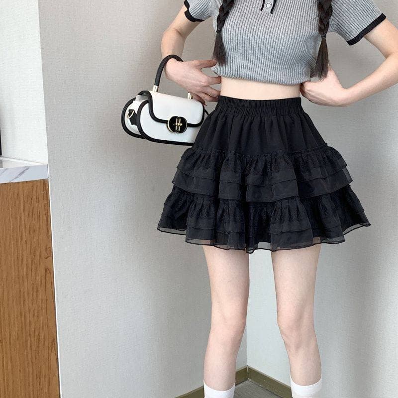女装 ふんわり三段フリル付きミニ丈ティアードスカート