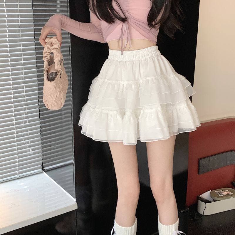 女装 ふんわり三段フリル付きミニ丈ティアードスカート