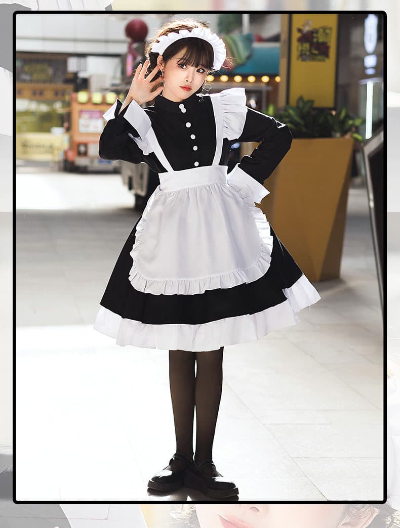 女装 長袖クラシックメイド服フリル付きエプロンセット
