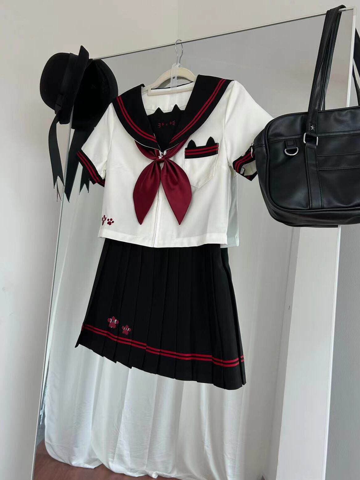 女装 猫耳刺繍入り本格派女装セーラー服上下セット