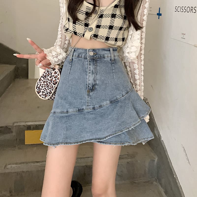 女装 デニム素材ハイウエストフリルミニスカート