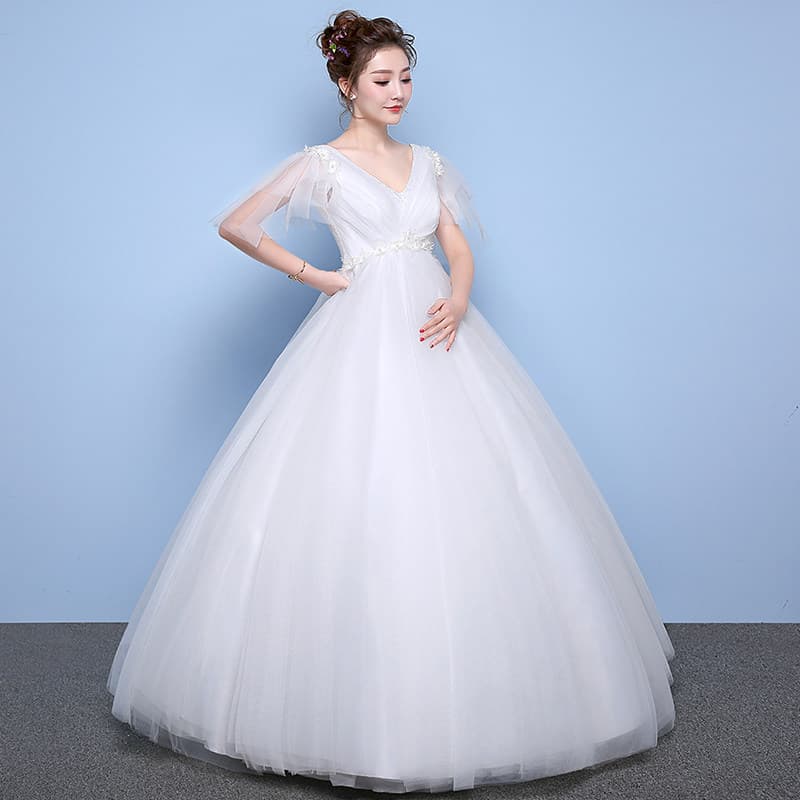 女装 花飾り付きチュール袖Vネックプリンセスドレス