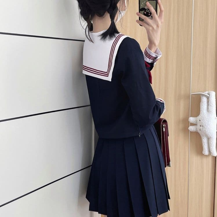 女装 正統派三本線襟リボン付きセーラー服上下セット