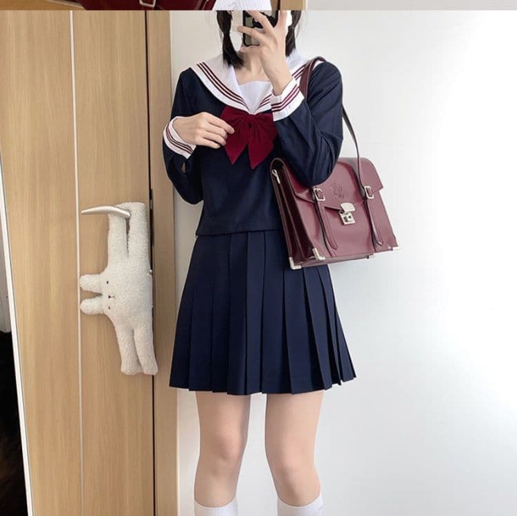 女装 正統派三本線襟リボン付きセーラー服上下セット