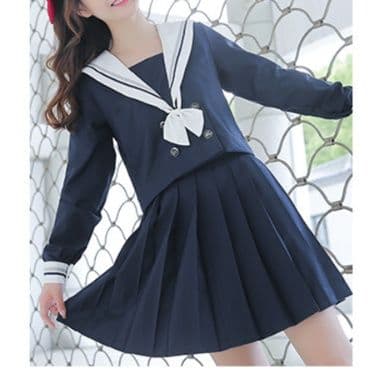 女装 大きな襟リボン付き長袖プリーツセーラー服