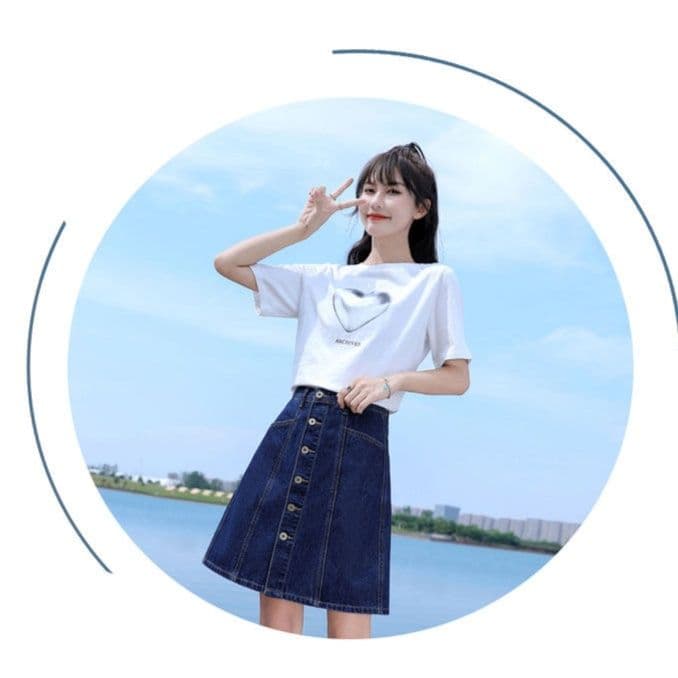 女装 フロントボタンデニム台形ミニスカート