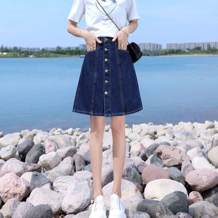 女装 フロントボタンデニム台形ミニスカート
