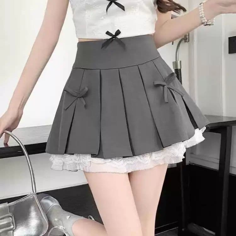 女装 リボン付きプリーツミニスカート裾レース重ね