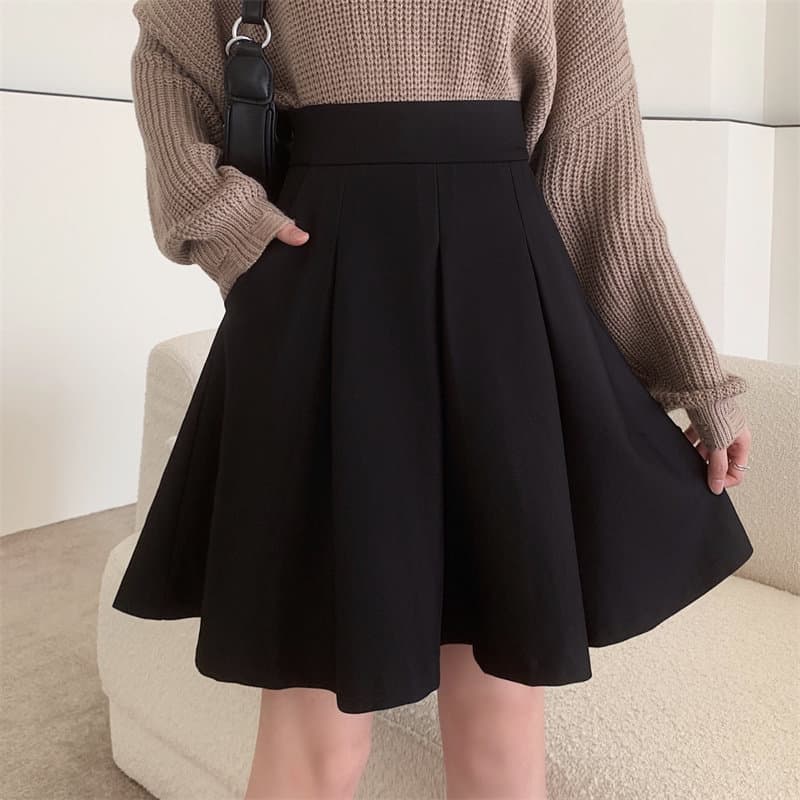 女装 ハイウエストボックスプリーツフレアスカート