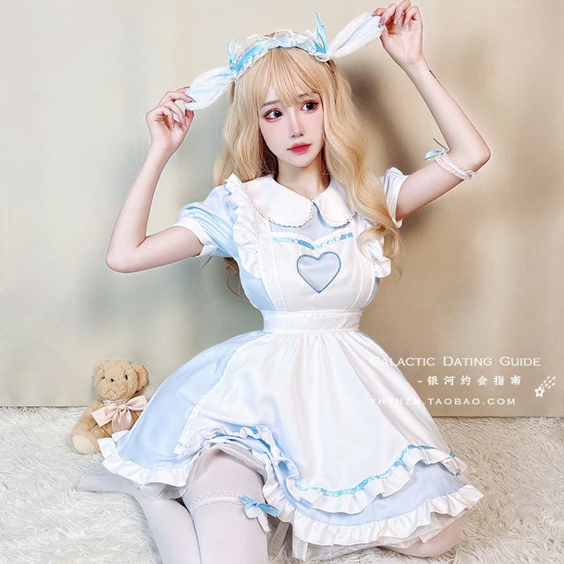 女装 ハート刺繍付き襟フリル半袖メイドワンピース