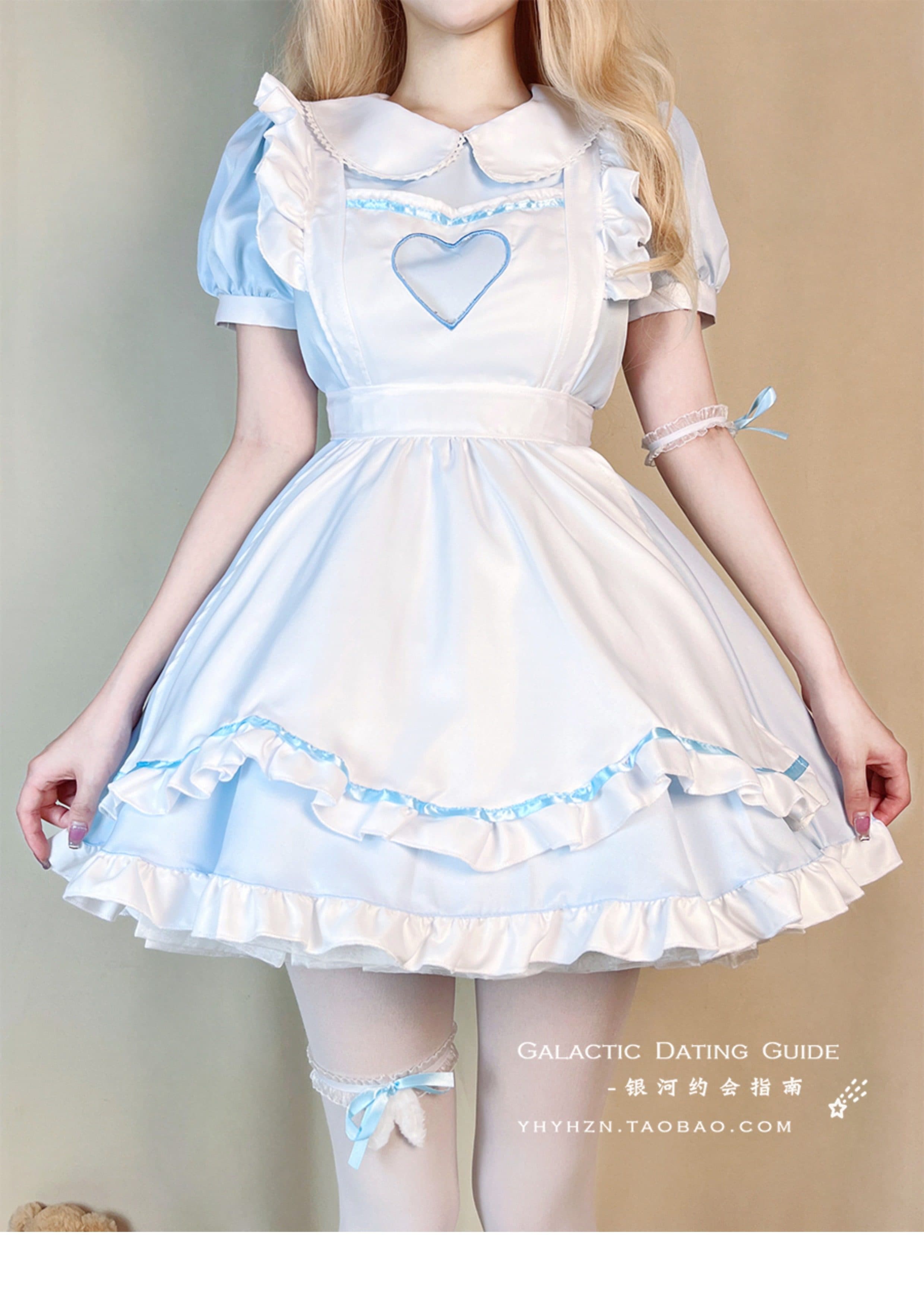女装 ハート刺繍付き襟フリル半袖メイドワンピース