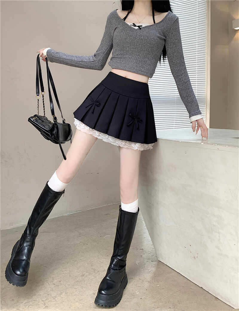女装 リボン付きプリーツミニスカート裾レース重ね
