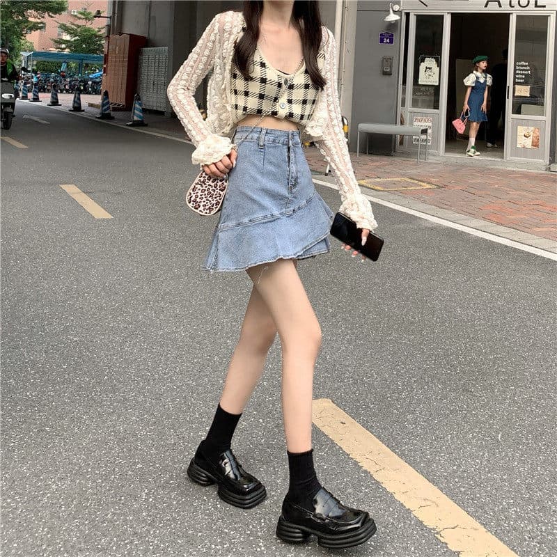 女装 デニム素材ハイウエストフリルミニスカート