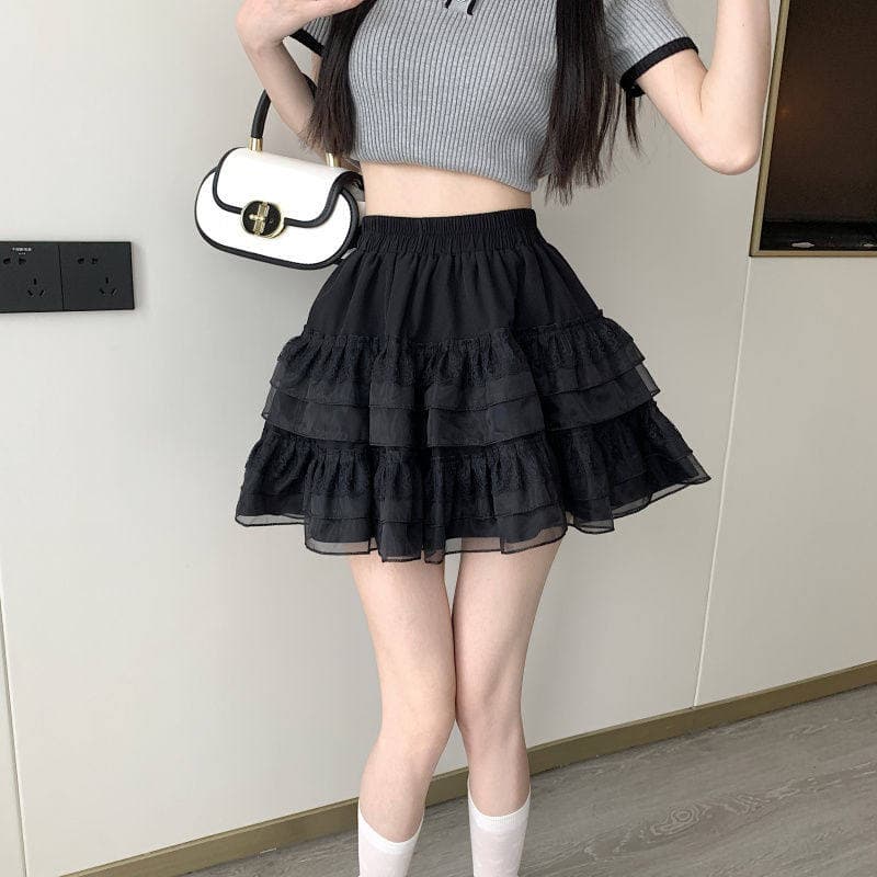 女装 ふんわり三段フリル付きミニ丈ティアードスカート