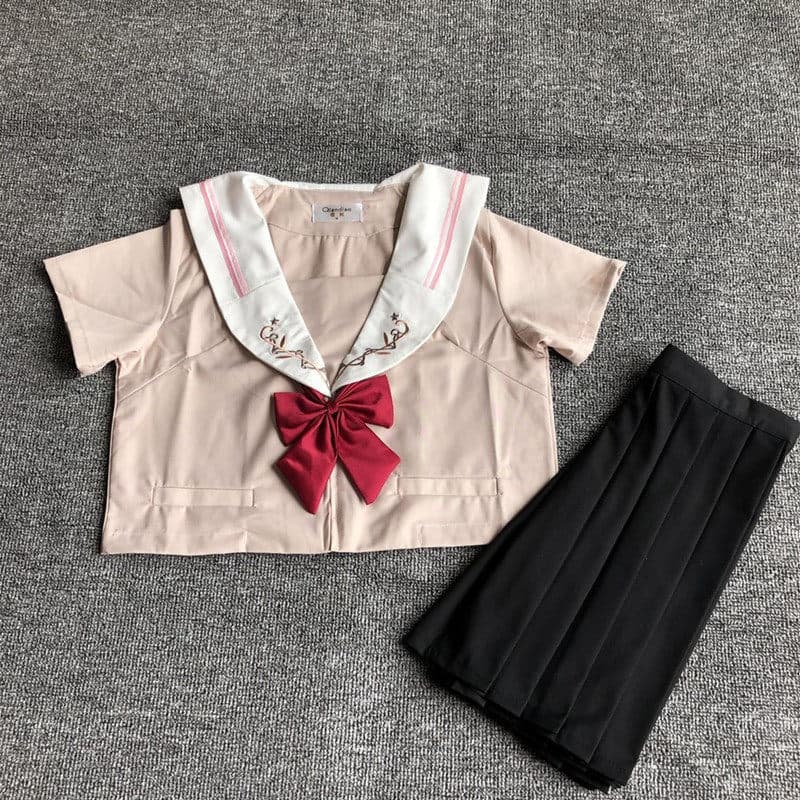 女装 清楚系刺繍入り襟リボン付きセーラー服上下セット