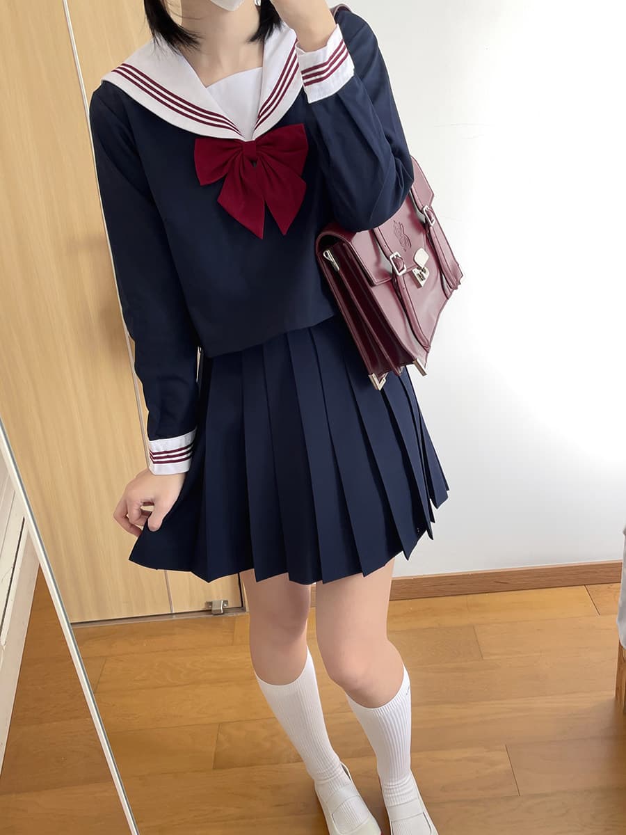 女装 正統派三本線襟リボン付きセーラー服上下セット